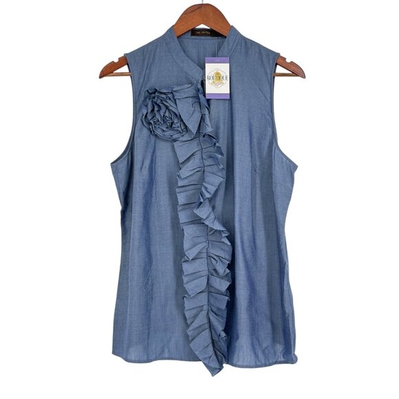 The Limited L Blue Sleeveless Blouse Button Ruffle Front Fabric Flower Shirt NWT - Picture 16 of 16